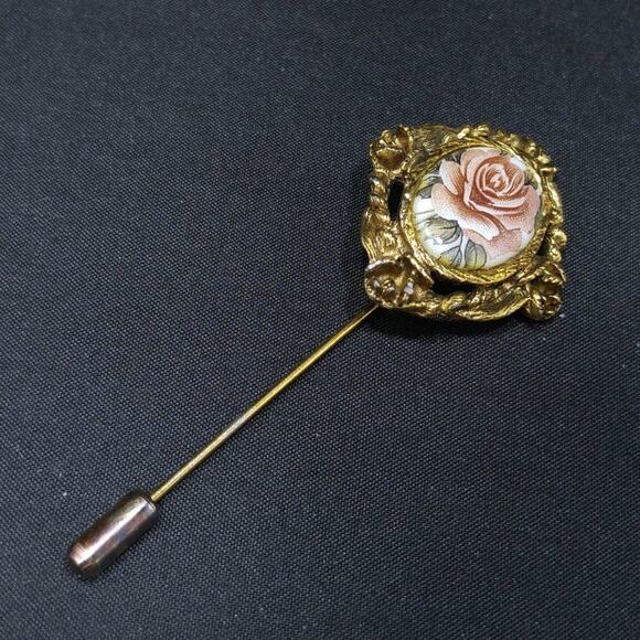 Vintage Edwardian Style Rose Ceramic Stick Pin, Antique Gold Tone, 1960s, 3 Inch - Picture 4 of 10